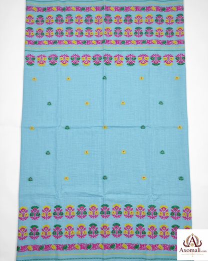Kesa Cotton Mekhela Chador Sky Blue with Floral Embroidery