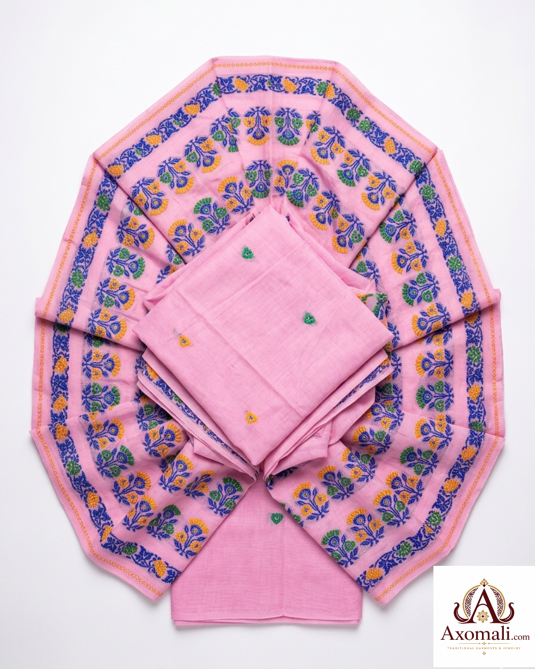 Kesa Cotton Mekhela Chador Pink with Floral Embroidery