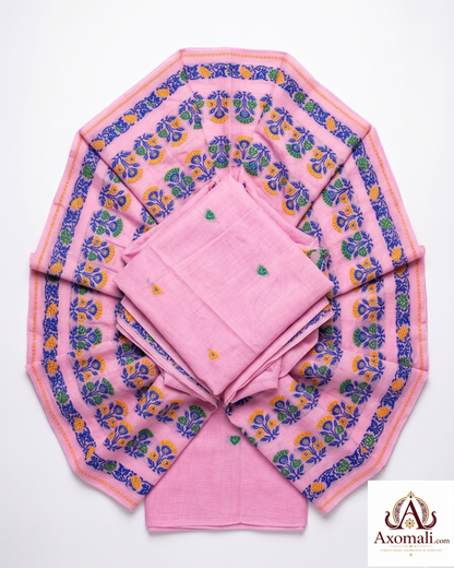 Kesa Cotton Mekhela Chador Pink with Floral Embroidery