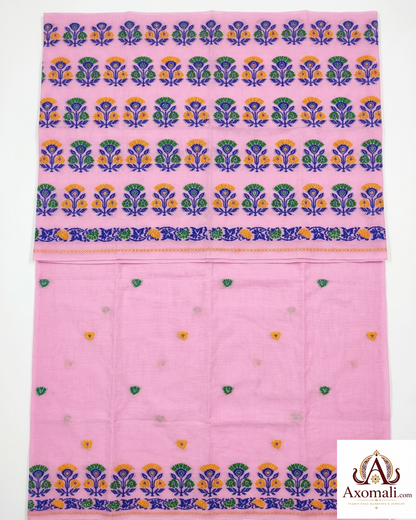 Kesa Cotton Mekhela Chador Pink with Floral Embroidery