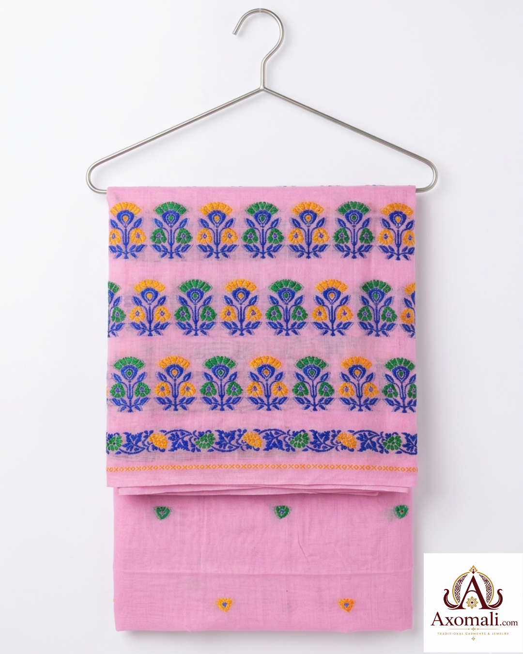 Kesa Cotton Mekhela Chador Pink with Floral Embroidery