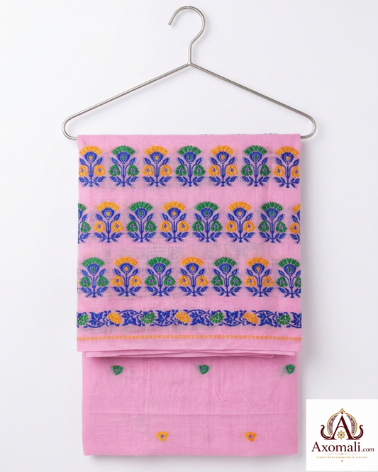 Kesa Cotton Mekhela Chador Pink with Floral Embroidery