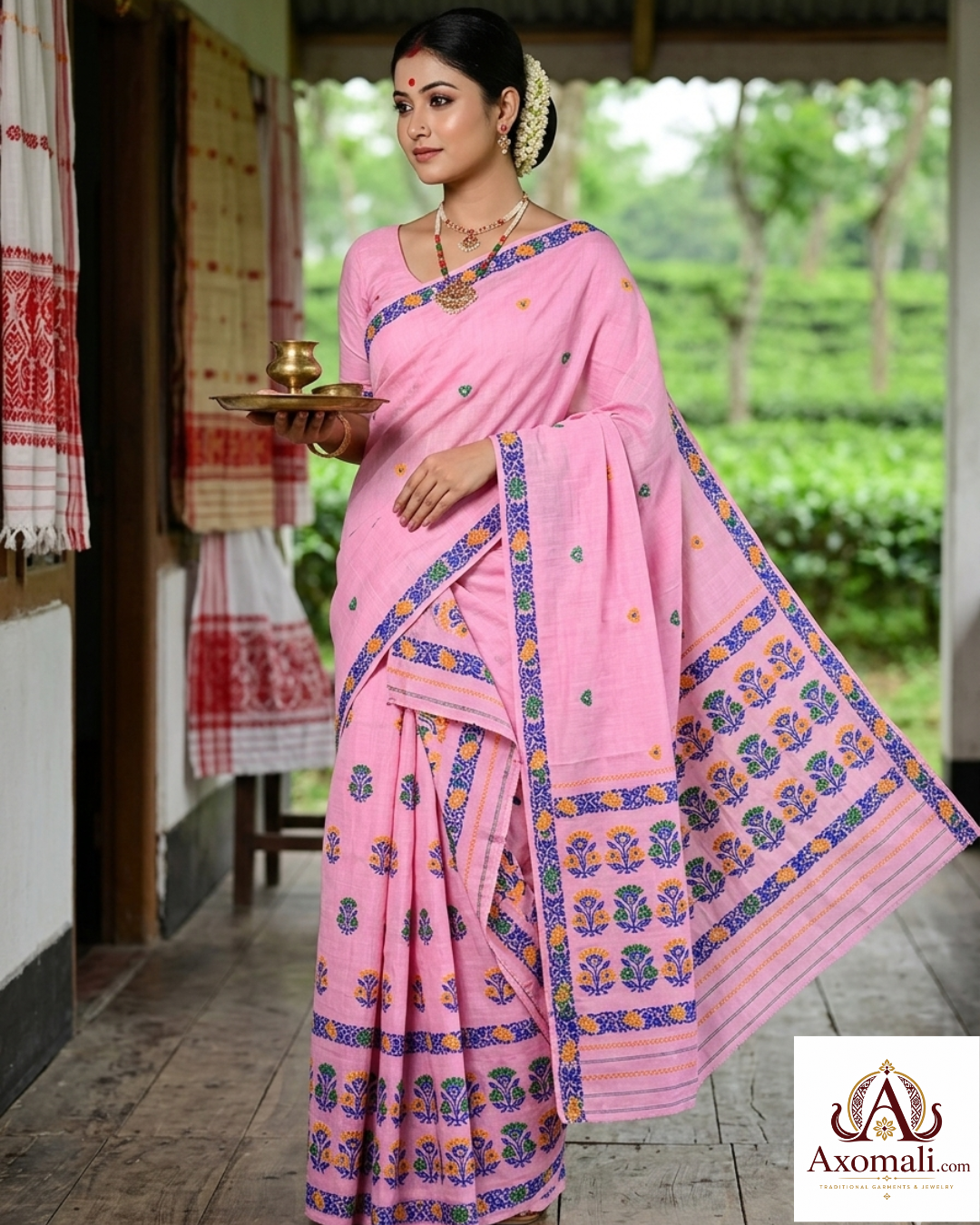 Kesa Cotton Mekhela Chador Pink with Floral Embroidery