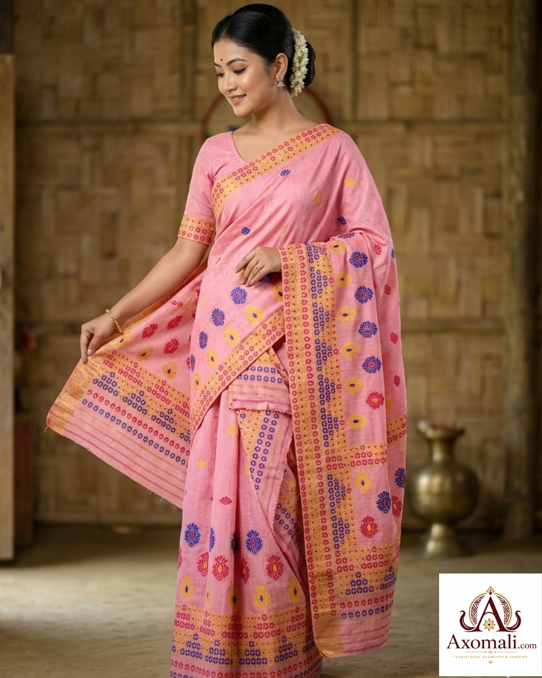 Kesa Cotton Mekhela Chador Pink with Floral Embroidery