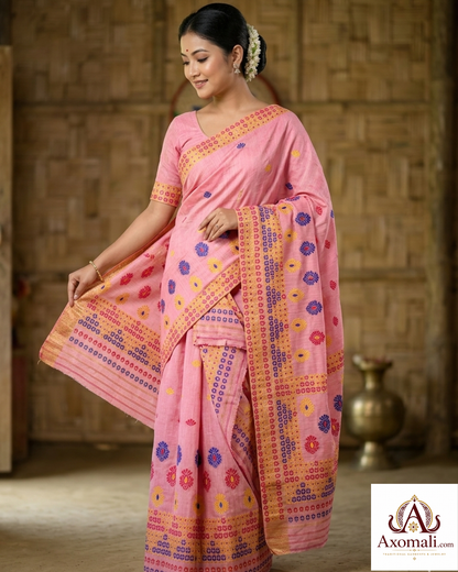 Kesa Cotton Mekhela Chador Pink with Floral Embroidery
