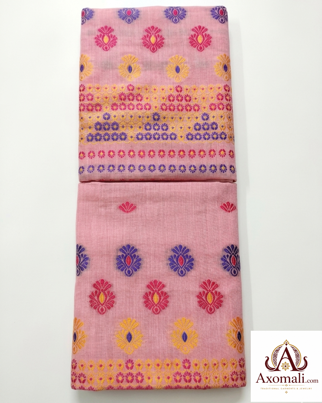 Kesa Cotton Mekhela Chador Pink with Floral Embroidery