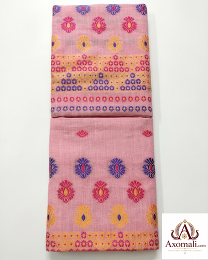 Kesa Cotton Mekhela Chador Pink with Floral Embroidery
